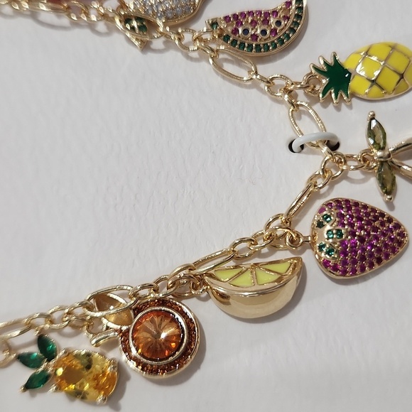 🍒🔹️ Persimmon🔹️ Gold Tone Charm 16" Necklace with Colorful Fruit Accents - Picture 6 of 7